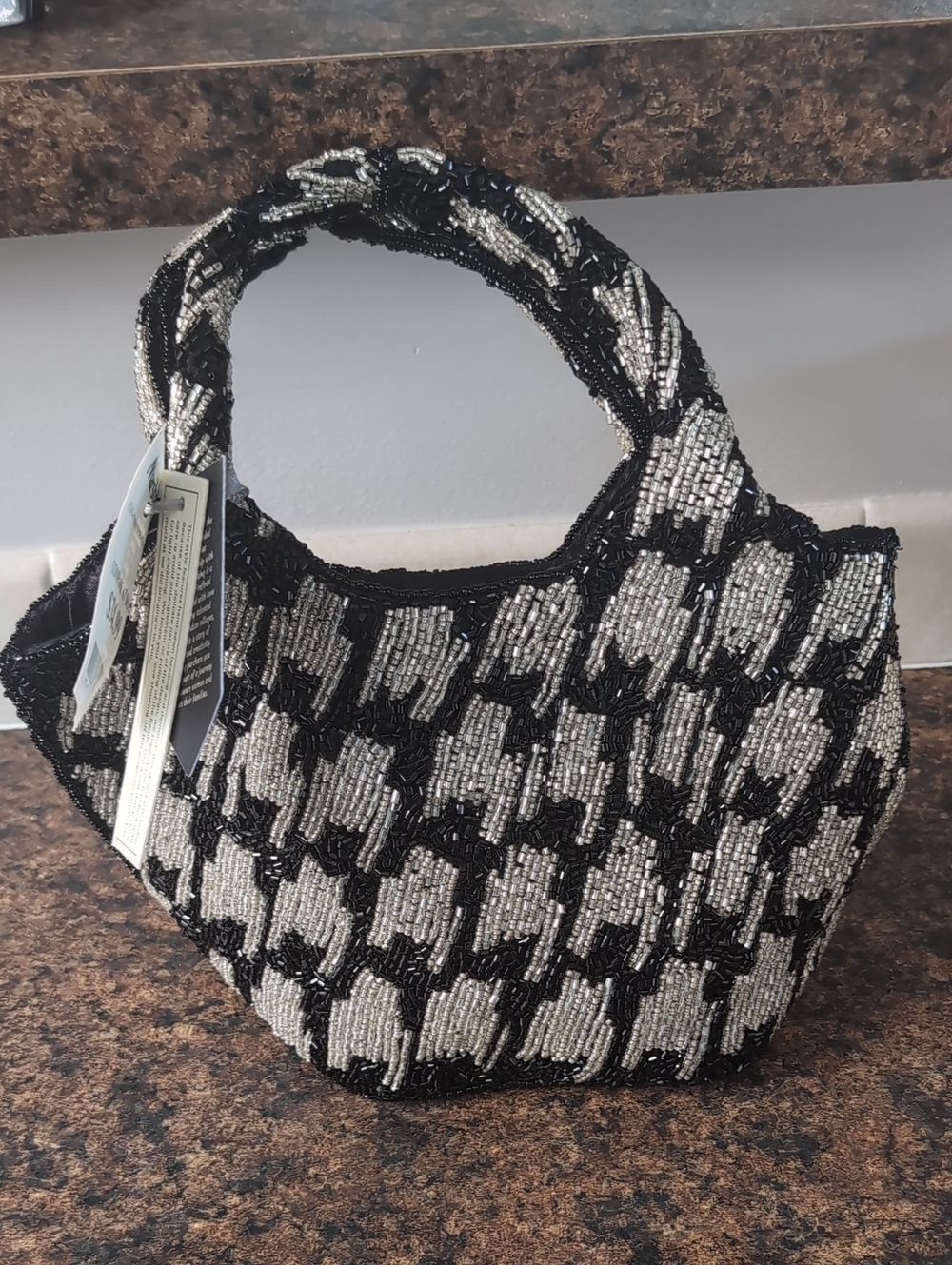 Beaded Black & Silver Houndstooth Evening Tote
